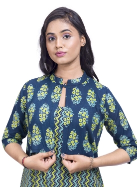 Desi India Women's Chevron Print Cotton Kurta with Floral Jacket, Green and Blue, Sleeveless