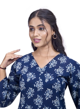 Desi India Women's Floral Print Top, Navy Blue with Bell Sleeves, V-Neck Cotton Tunic