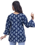 Desi India Women's Floral Print Top, Navy Blue with Bell Sleeves, V-Neck Cotton Tunic
