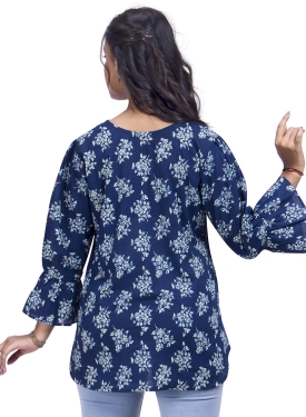 Desi India Women's Floral Print Top, Navy Blue with Bell Sleeves, V-Neck Cotton Tunic