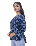Desi India Women's Floral Print Top, Navy Blue with Bell Sleeves, V-Neck Cotton Tunic