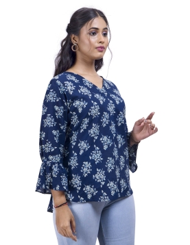 Desi India Women's Floral Print Top, Navy Blue with Bell Sleeves, V-Neck Cotton Tunic