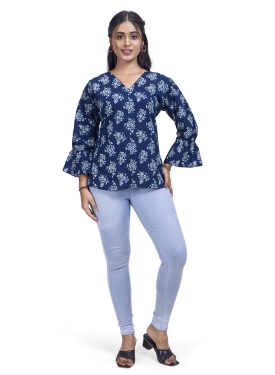 Desi India Women's Floral Print Top, Navy Blue with Bell Sleeves, V-Neck Cotton Tunic