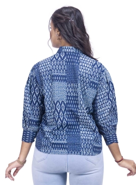 Women's Indigo Blue Geometric Print Cotton Shirt with Long Sleeves, Collared Neck