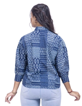 Women's Indigo Blue Geometric Print Cotton Shirt with Long Sleeves, Collared Neck