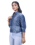 Women's Indigo Blue Geometric Print Cotton Shirt with Long Sleeves, Collared Neck