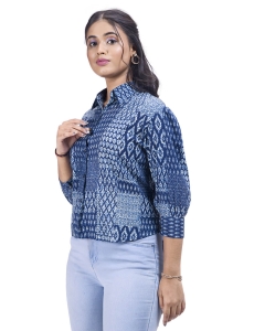 Women's Indigo Blue Geometric Print Cotton Shirt with Long Sleeves, Collared Neck
