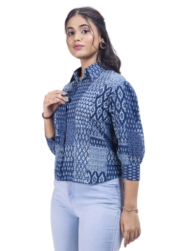 Women's Indigo Blue Geometric Print Cotton Shirt with Long Sleeves, Collared Neck