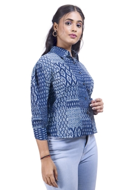 Women's Indigo Blue Geometric Print Cotton Shirt with Long Sleeves, Collared Neck