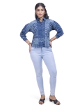 Women's Indigo Blue Geometric Print Cotton Shirt with Long Sleeves, Collared Neck