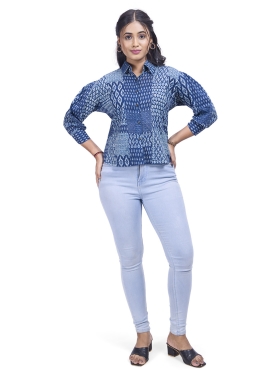 Women's Indigo Blue Geometric Print Cotton Shirt with Long Sleeves, Collared Neck