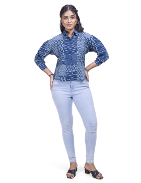 Women's Indigo Blue Geometric Print Cotton Shirt with Long Sleeves, Collared Neck