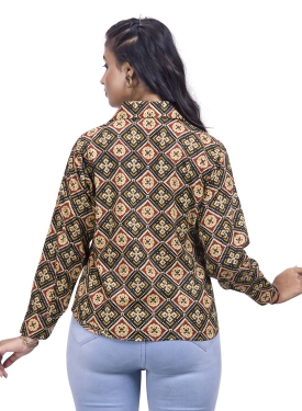 Desi India Women's Traditional Geometric Print Collared Shirt, Long Sleeve, Cotton Blend, Multicolour