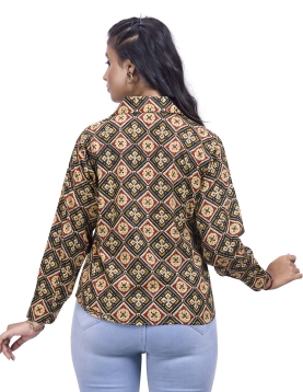 Desi India Women's Traditional Geometric Print Collared Shirt, Long Sleeve, Cotton Blend, Multicolour