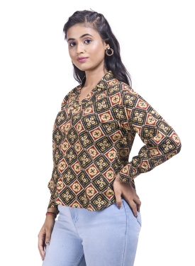 Desi India Women's Traditional Geometric Print Collared Shirt, Long Sleeve, Cotton Blend, Multicolour