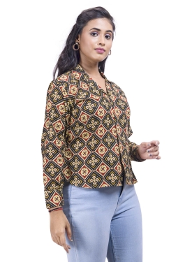 Desi India Women's Traditional Geometric Print Collared Shirt, Long Sleeve, Cotton Blend, Multicolour