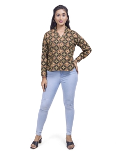 Desi India Women's Traditional Geometric Print Collared Shirt, Long Sleeve, Cotton Blend, Multicolour