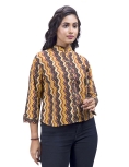 Desi India Women's Chevron Print Mandarin Collar Jacket, 3/4 Sleeves, Yellow and Black Pattern