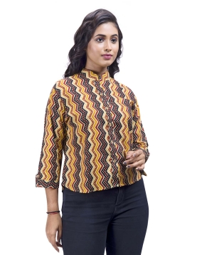Desi India Women's Chevron Print Mandarin Collar Jacket, 3/4 Sleeves, Yellow and Black Pattern