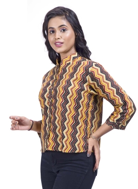 Desi India Women's Chevron Print Mandarin Collar Jacket, 3/4 Sleeves, Yellow and Black Pattern