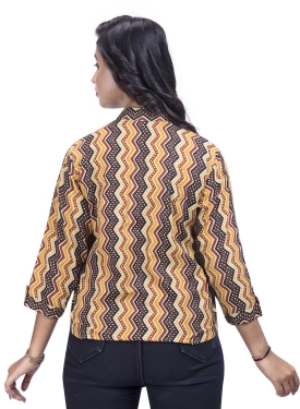 Desi India Women's Chevron Print Mandarin Collar Jacket, 3/4 Sleeves, Yellow and Black Pattern