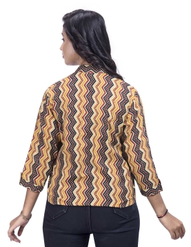 Desi India Women's Chevron Print Mandarin Collar Jacket, 3/4 Sleeves, Yellow and Black Pattern