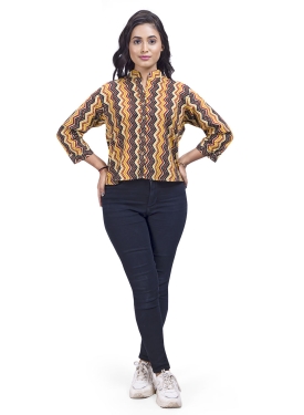 Desi India Women's Chevron Print Mandarin Collar Jacket, 3/4 Sleeves, Yellow and Black Pattern