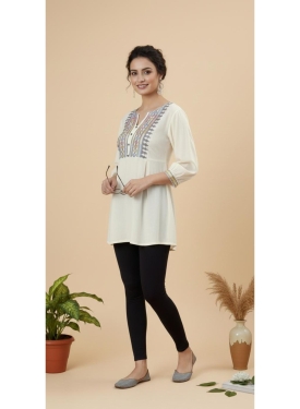 Women's Off-White Rayon Pleated Tunic