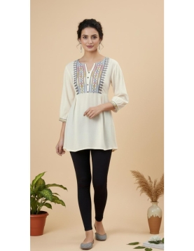 Women's Off-White Rayon Pleated Tunic