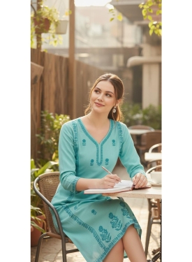 Women's Turquoise Blue Rayon Embroidered A-Line Tunic 