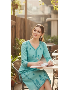 Women's Turquoise Blue Rayon Embroidered A-Line Tunic 