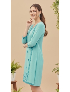 Women's Turquoise Blue Rayon Embroidered A-Line Tunic 