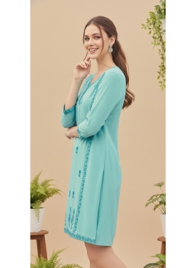 Women's Turquoise Blue Rayon Embroidered A-Line Tunic 