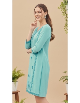 Women's Turquoise Blue Rayon Embroidered A-Line Tunic 