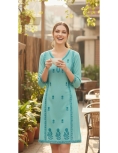 Women's Turquoise Blue Rayon Embroidered A-Line Tunic 