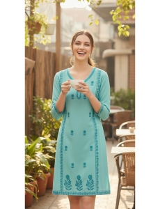 Women's Turquoise Blue Rayon Embroidered A-Line Tunic 