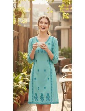 Women's Turquoise Blue Rayon Embroidered A-Line Tunic 