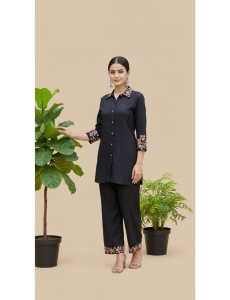 Women's Black Rayon Shirt-Style Co-ord Set