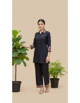 Women's Black Rayon Shirt-Style Co-ord Set