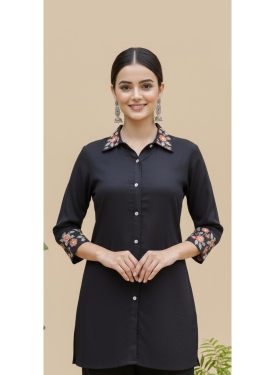 Women's Black Rayon Shirt-Style Co-ord Set