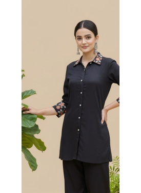 Women's Black Rayon Shirt-Style Co-ord Set