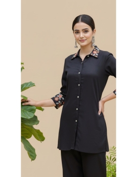 Women's Black Rayon Shirt-Style Co-ord Set