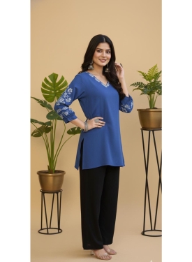 Women's Prussian Blue Rayon Tunic with Floral Embroidery & V-Neckline