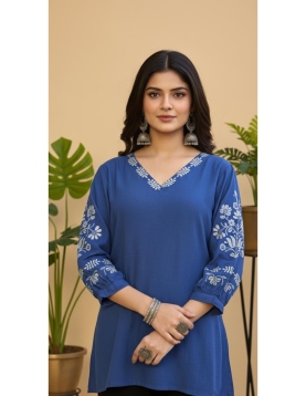 Women's Prussian Blue Rayon Tunic with Floral Embroidery &amp; V-Neckline