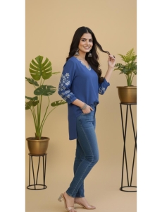 Women's Prussian Blue Rayon Tunic with Floral Embroidery & V-Neckline