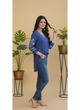 Women's Prussian Blue Rayon Tunic with Floral Embroidery & V-Neckline