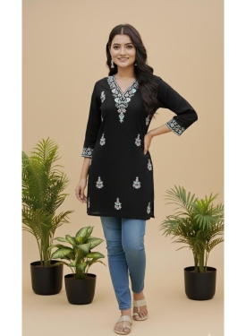 Women's Black Rayon Embroidered Short Kurti