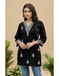Women's Black Rayon Embroidered Short Kurti