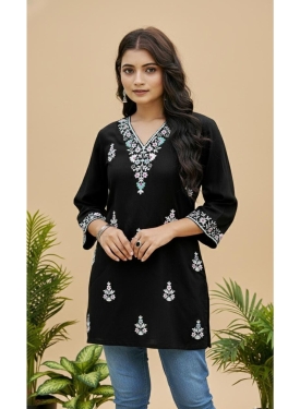 Women's Black Rayon Embroidered Short Kurti