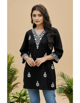 Women's Black Rayon Embroidered Short Kurti